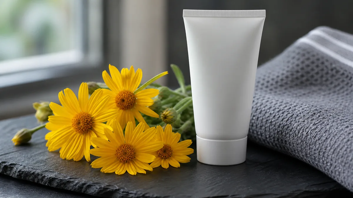 Tube Arnika-Gel und ein Glasröhrchen mit Globuli neben frischen gelben Arnikablüten auf einem hellen Holztisch