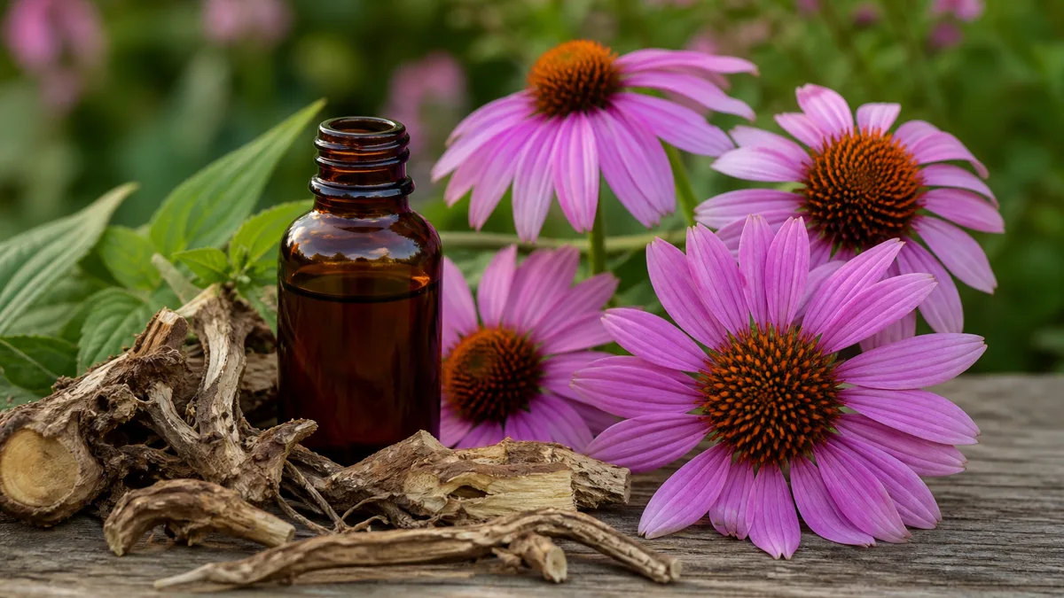 Blühender roter Sonnenhut (Echinacea purpurea) im Garten neben einem Fläschchen Presssaft und Tropfen auf einem Holztisch