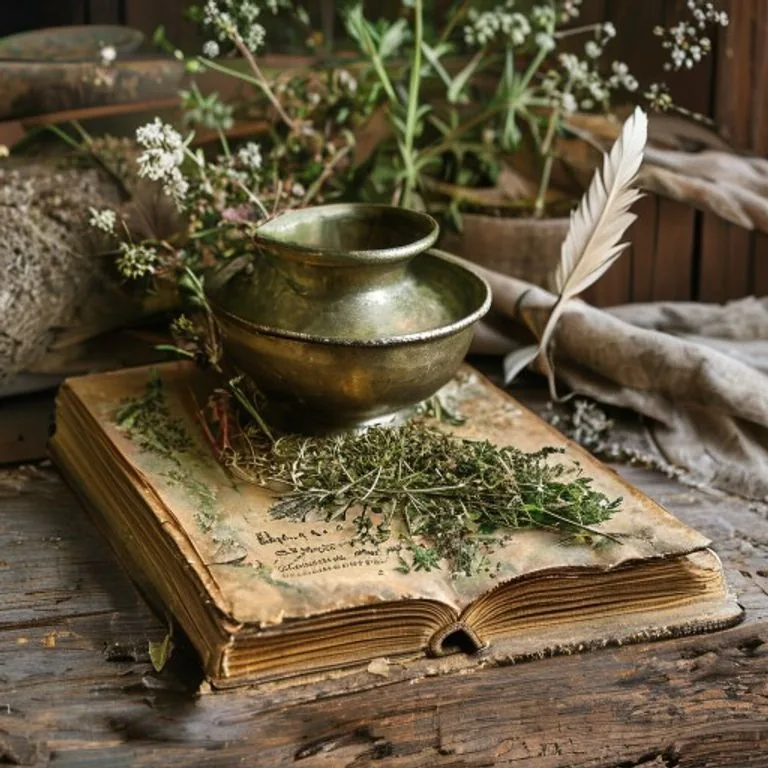 Altes botanisches Buch, ein Messingmörser und getrocknete Kräuter