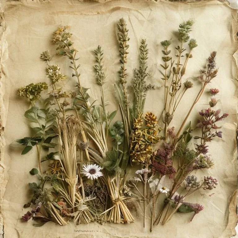 Botanische Darstellung verschiedener Heilpflanzen mit Blüten und Blättern