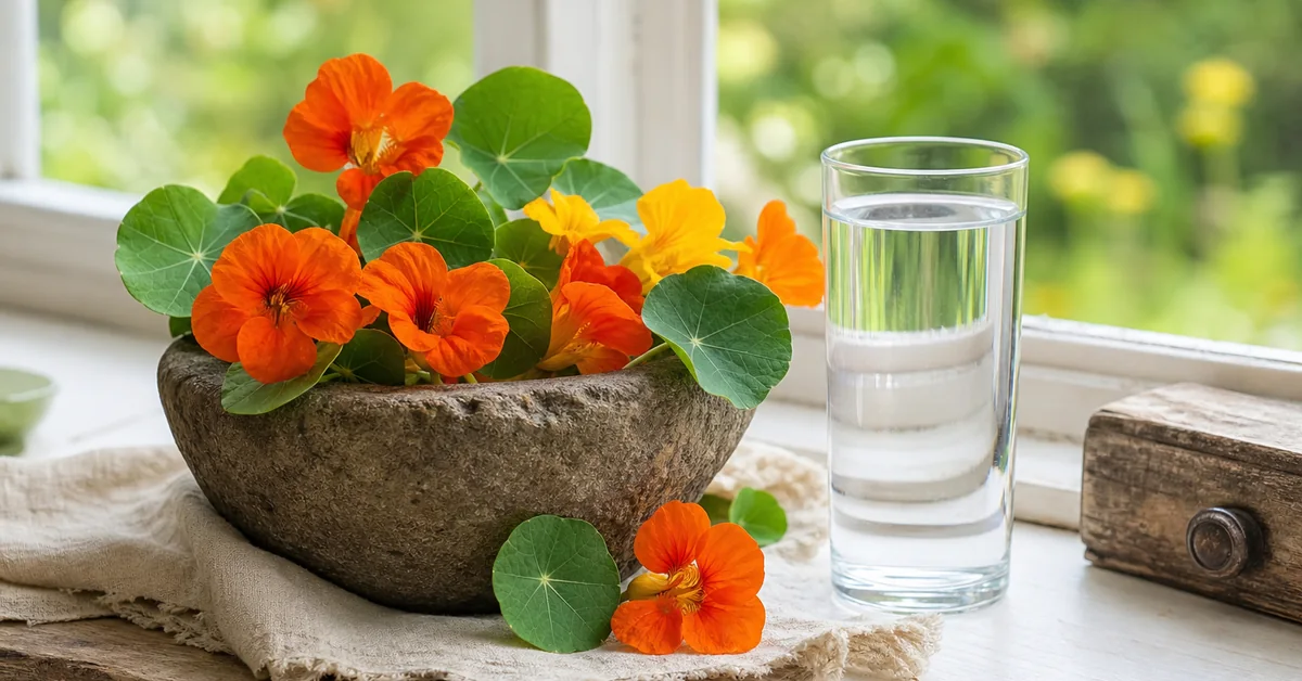 Blühende Kapuzinerkresse mit orangefarbenen Blüten und runden Blättern neben einer frisch geriebenen Meerrettichwurzel auf einem hellen Küchentisch