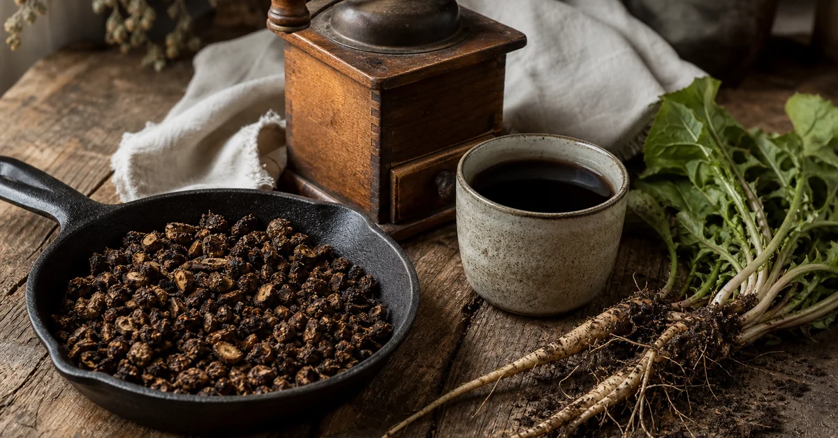 Geröstete Löwenzahnwurzeln, eine Kaffeemühle und eine Tasse dunkles Aufgussgetränk auf einem Holztisch