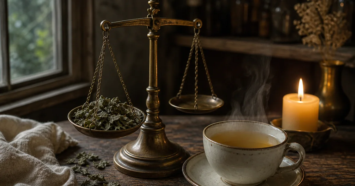 Eine dampfende Tasse Melissentee mit Untertasse als Deckel neben frischen Melissenblättern und einer Teekanne auf einem Holztisch am Abend