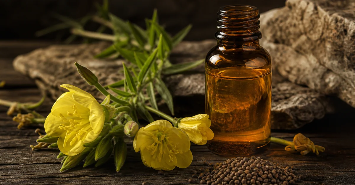 Braunglasflasche mit goldenem Nachtkerzenöl neben gelben Nachtkerzenblüten und einem Häufchen Samen auf einem rustikalen Holztisch