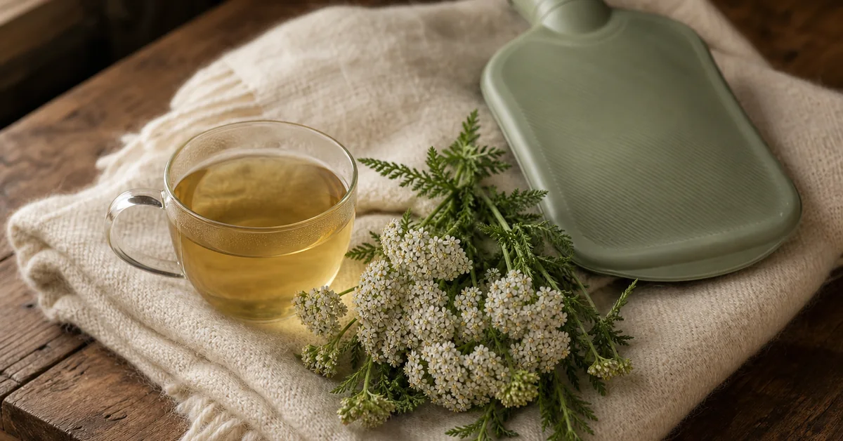 Eine Tasse dampfender Kräutertee neben weißen Schafgarbenblüten, getrocknetem Kraut und einer Wärmflasche auf einem Holztisch